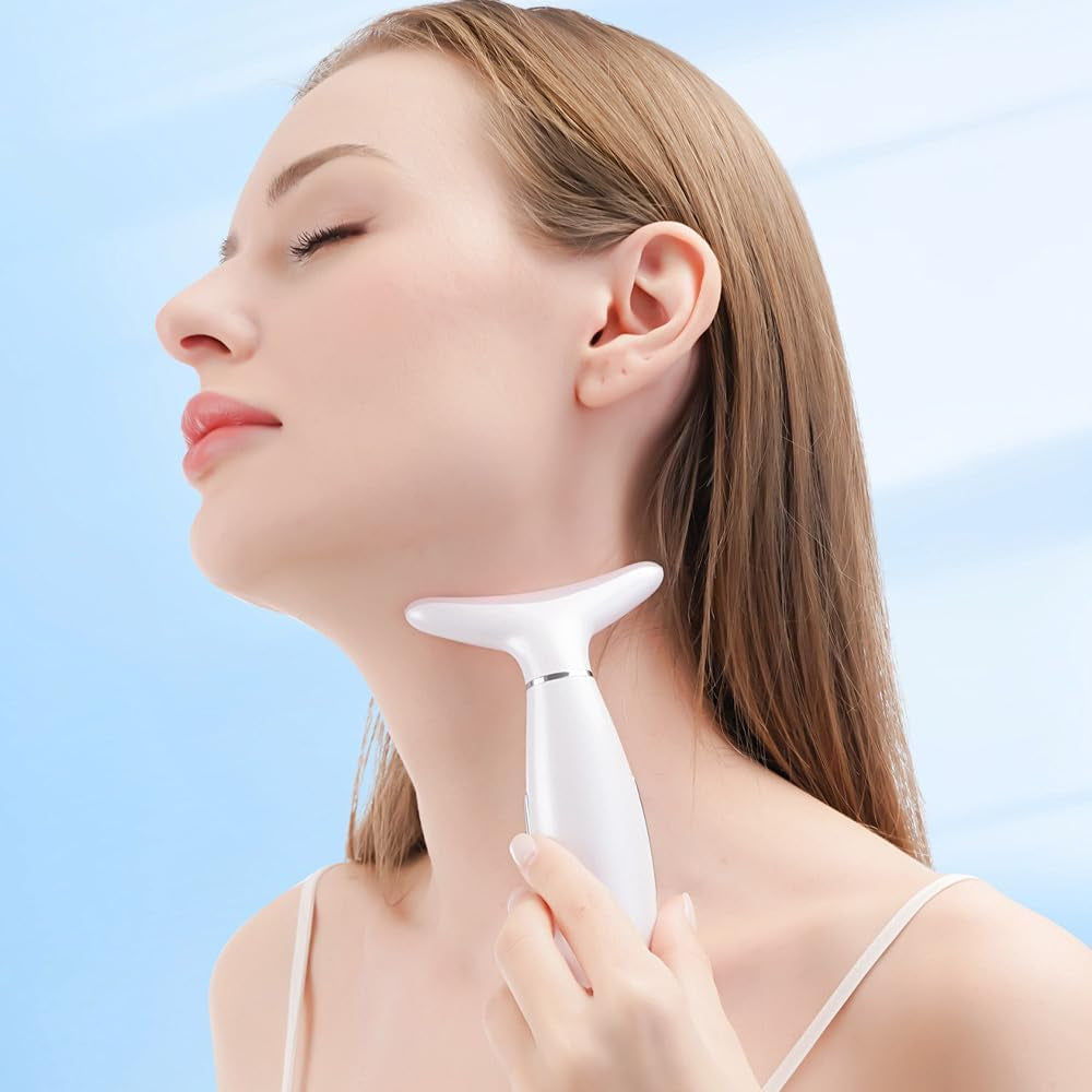 3-in-1 Portable Facial Massager - Vibration & Heat Neck and Face Beauty Device for Skin Lifting and Care (White)