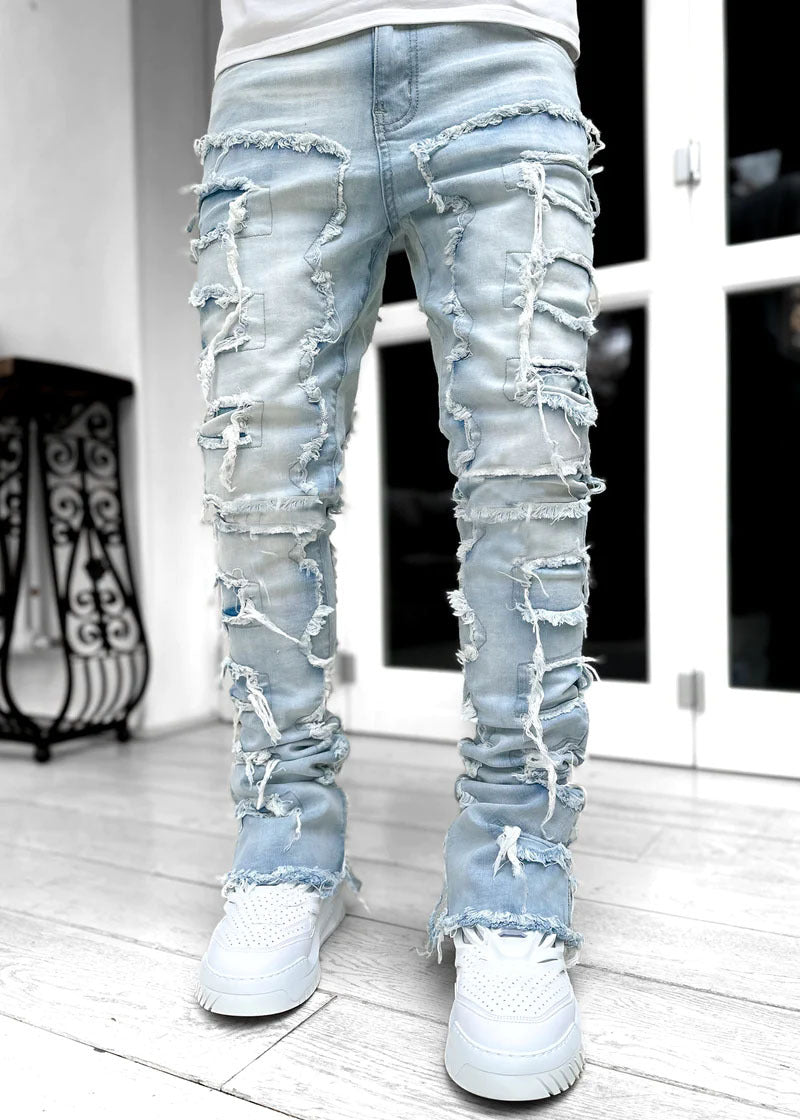 Trendy Men Trousers Individual Patched Pants Long Tight Fit Stacked Jeans for Mens