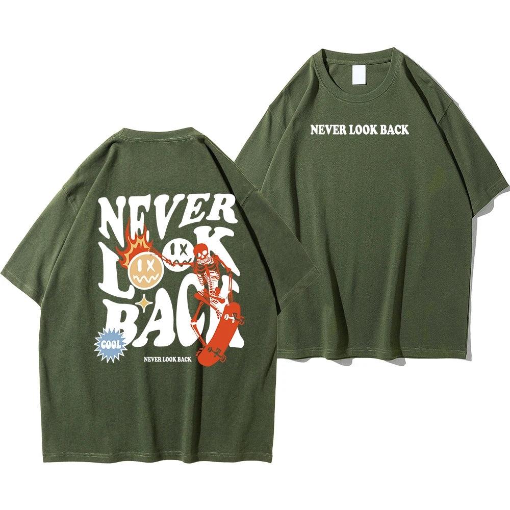 Never Look Back Creative Smile Skull Printing Cartoons Street Print Tshirt Cotton Crewneck Tops T-Shirt