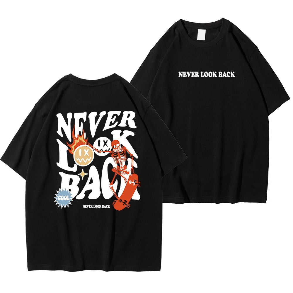 Never Look Back Creative Smile Skull Printing Cartoons Street Print Tshirt Cotton Crewneck Tops T-Shirt