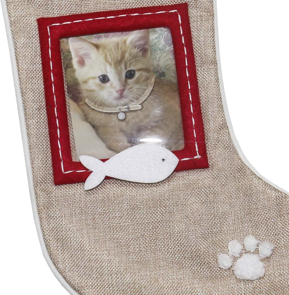 Christmas Stockings for Cats, Set of 2 Burlap Stockings with Sewn-On Picture Frames, Use Your Own Photo (Meow/Cat)