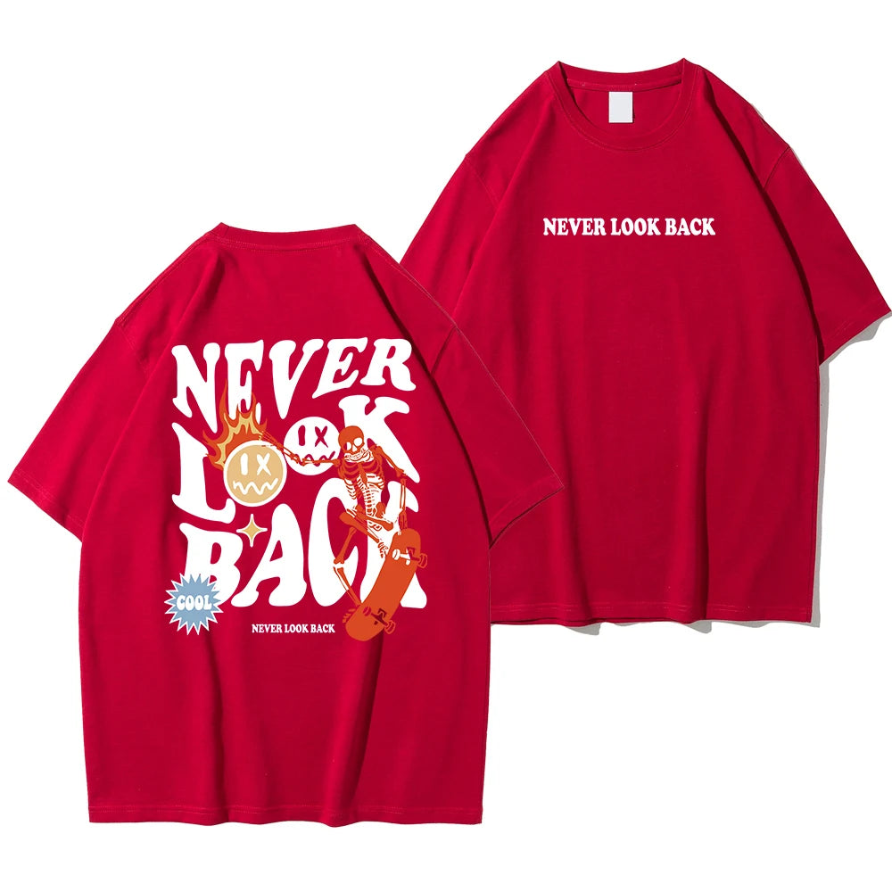 Never Look Back Creative Smile Skull Printing Cartoons Street Print Tshirt Cotton Crewneck Tops T-Shirt