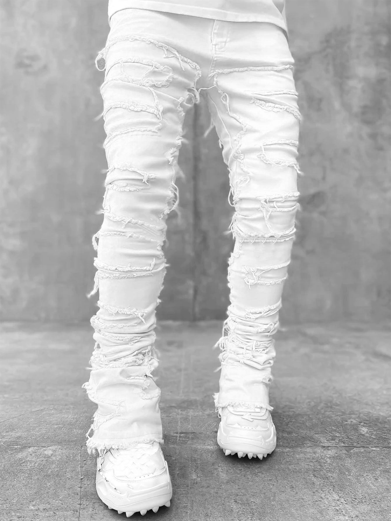 Trendy Men Trousers Individual Patched Pants Long Tight Fit Stacked Jeans for Mens