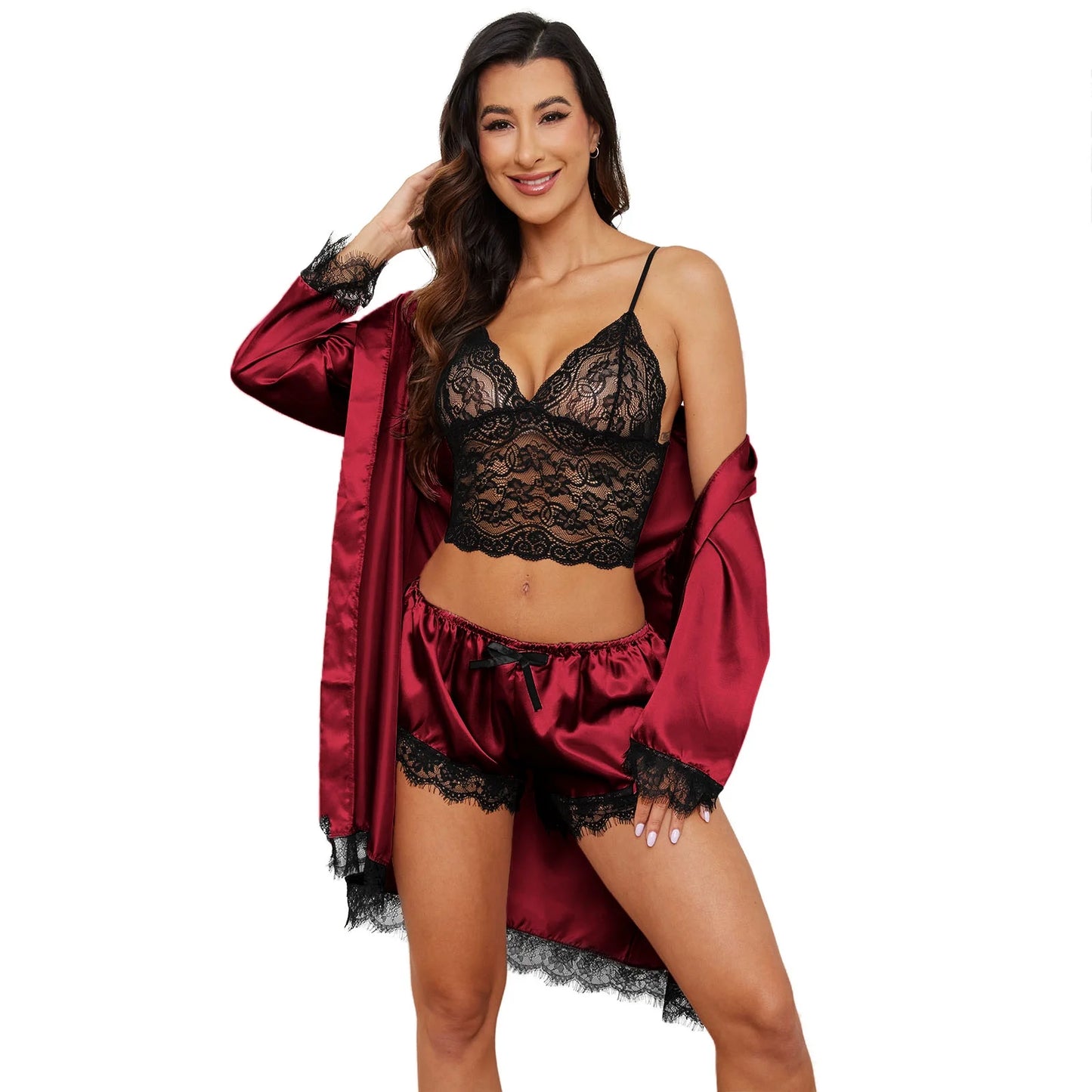 Sexy Lingerie,  Silk Satin Pajamas for Women, Women's Pjs Sets of 4 Pcs with Floral Lace Top Shorts and Robe