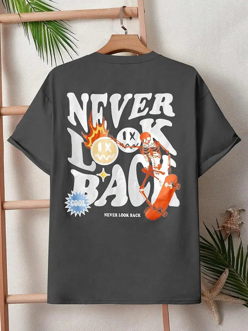 Never Look Back Creative Smile Skull Printing Cartoons Street Print Tshirt Cotton Crewneck Tops T-Shirt