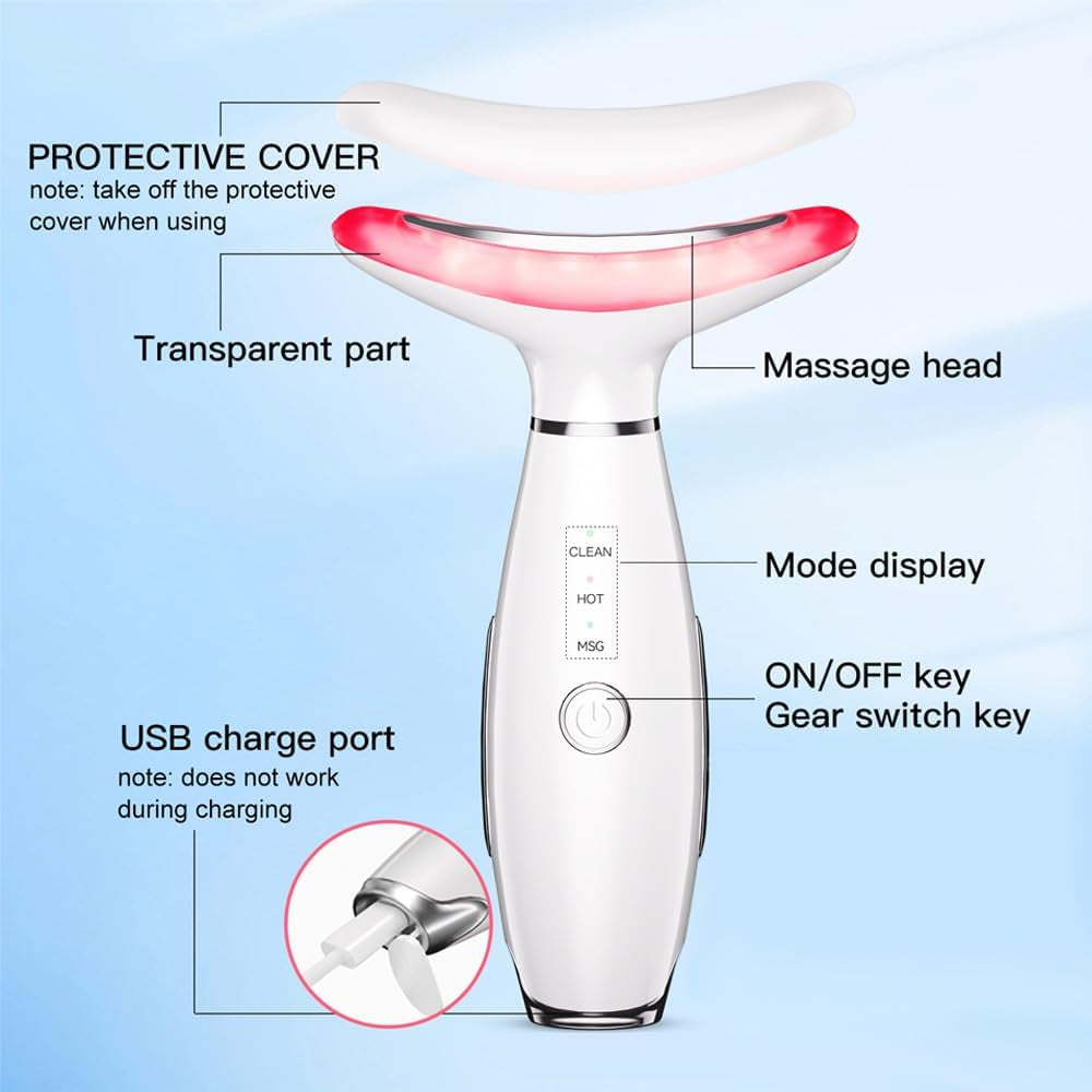 3-in-1 Portable Facial Massager - Vibration & Heat Neck and Face Beauty Device for Skin Lifting and Care (White)