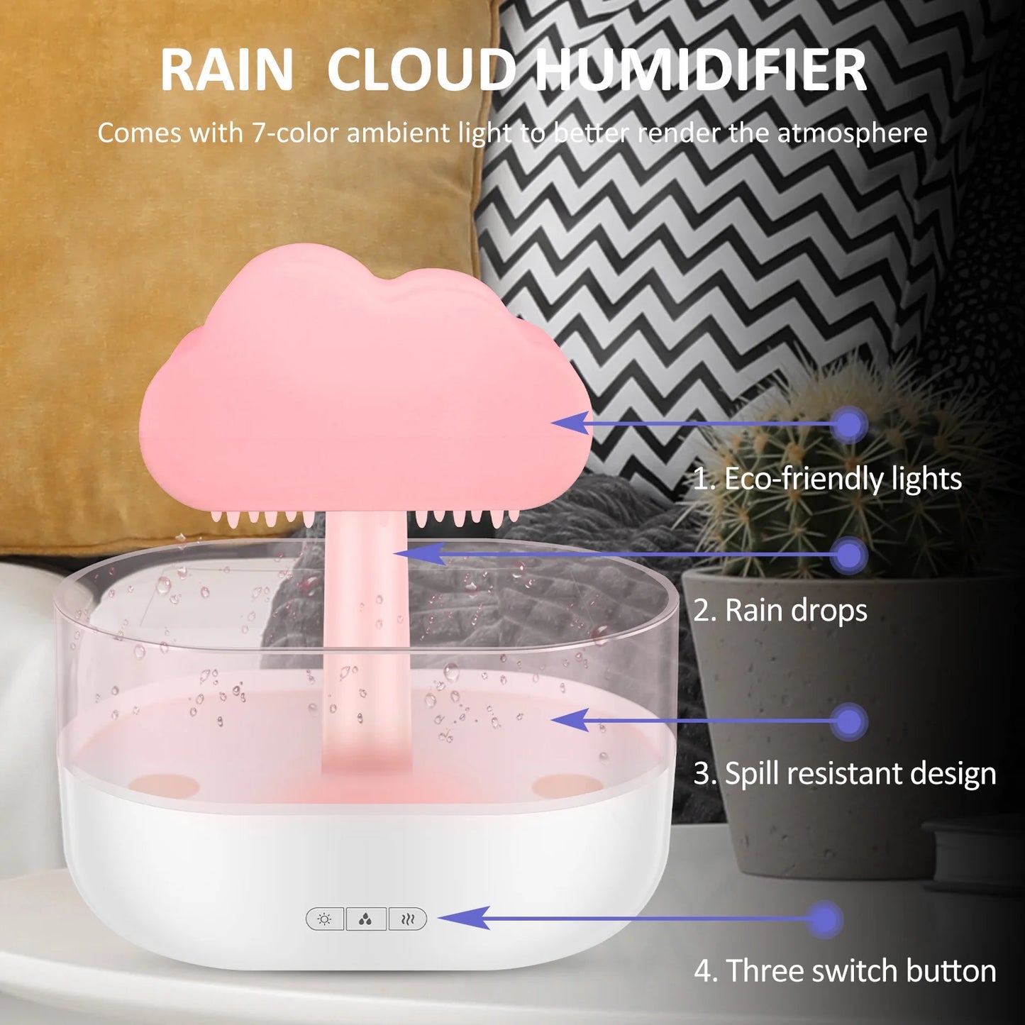 Rain Cloud Humidifier with 7-Color LED Lights and Aroma Diffuser, Timing Water Drip Waterfall Lamp (White)