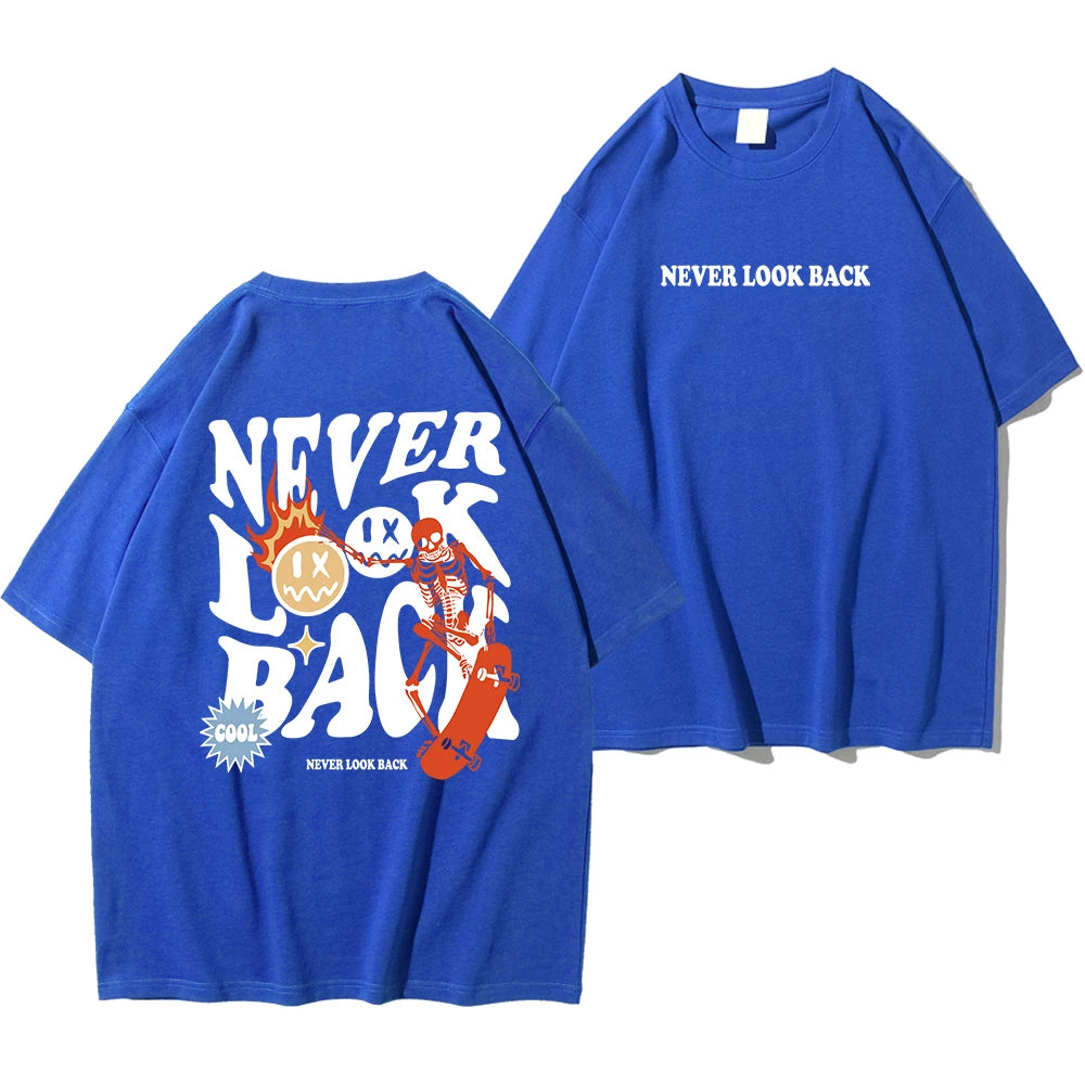 Never Look Back Creative Smile Skull Printing Cartoons Street Print Tshirt Cotton Crewneck Tops T-Shirt