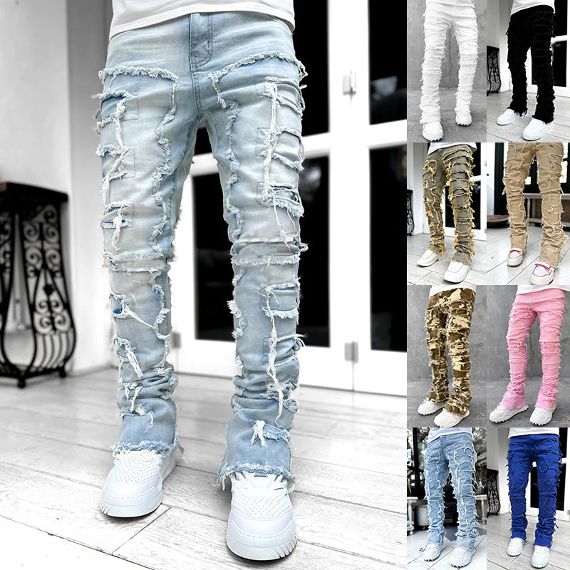 Trendy Men Trousers Individual Patched Pants Long Tight Fit Stacked Jeans for Mens