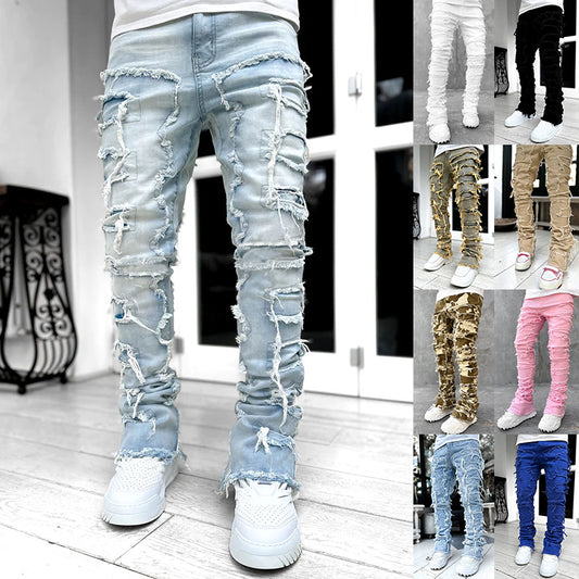 Trendy Men Trousers Individual Patched Pants Long Tight Fit Stacked Jeans for Mens