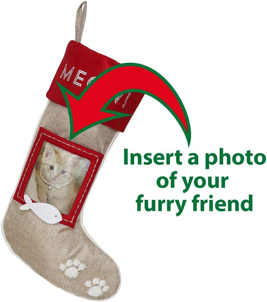 Christmas Stockings for Cats, Set of 2 Burlap Stockings with Sewn-On Picture Frames, Use Your Own Photo (Meow/Cat)