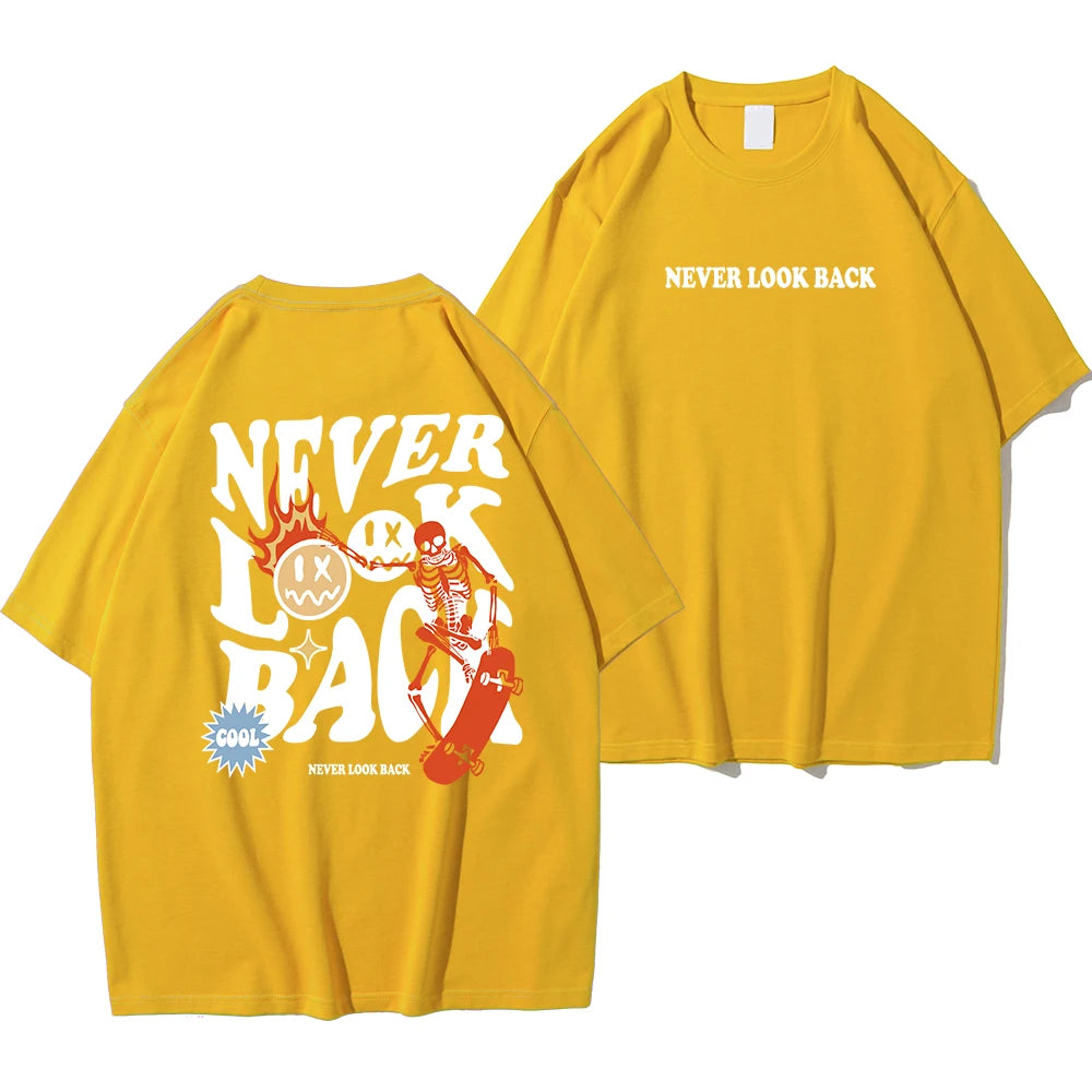 Never Look Back Creative Smile Skull Printing Cartoons Street Print Tshirt Cotton Crewneck Tops T-Shirt