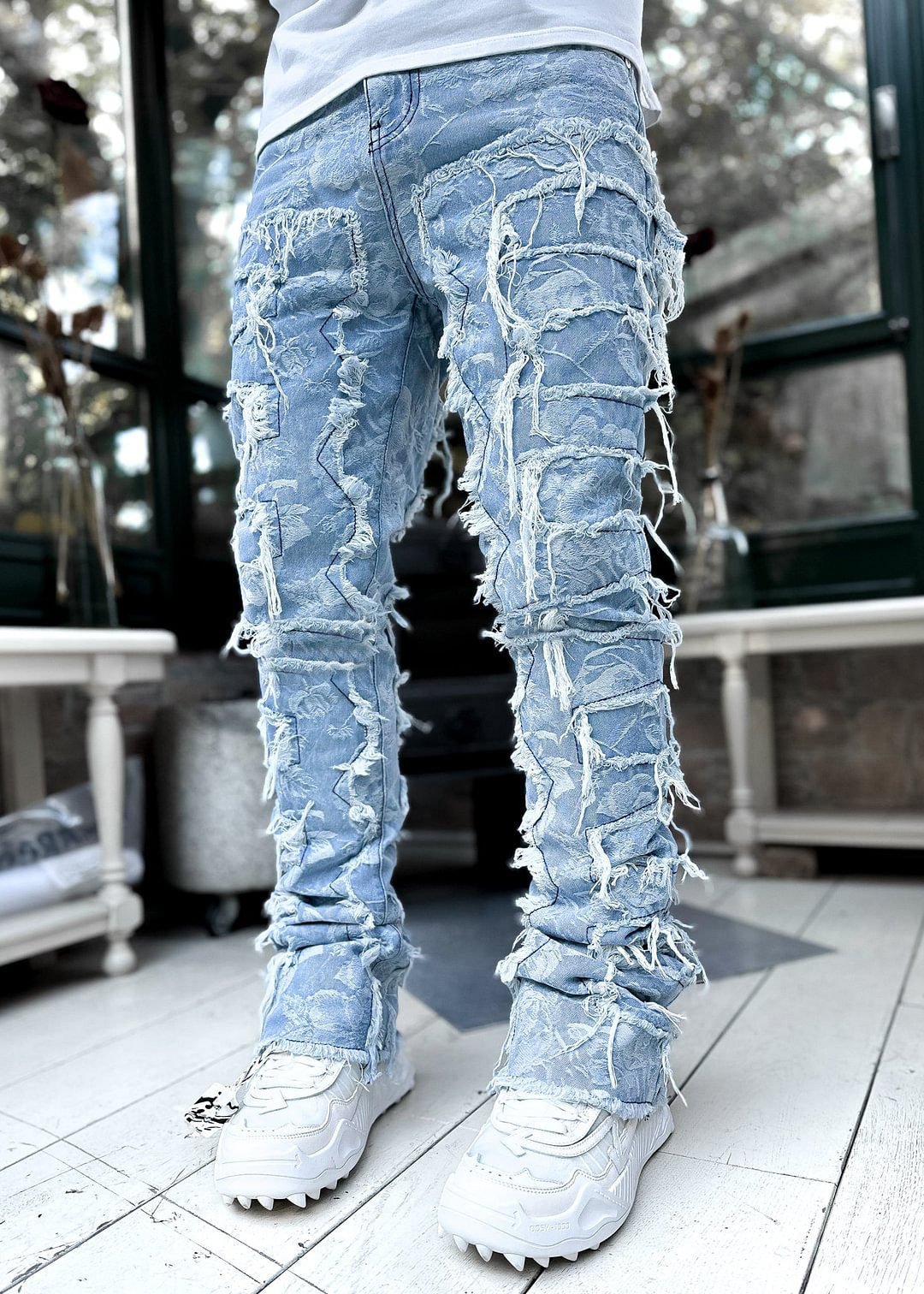 Trendy Men Trousers Individual Patched Pants Long Tight Fit Stacked Jeans for Mens