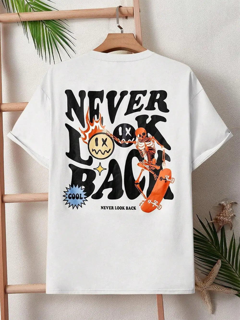 Never Look Back Creative Smile Skull Printing Cartoons Street Print Tshirt Cotton Crewneck Tops T-Shirt