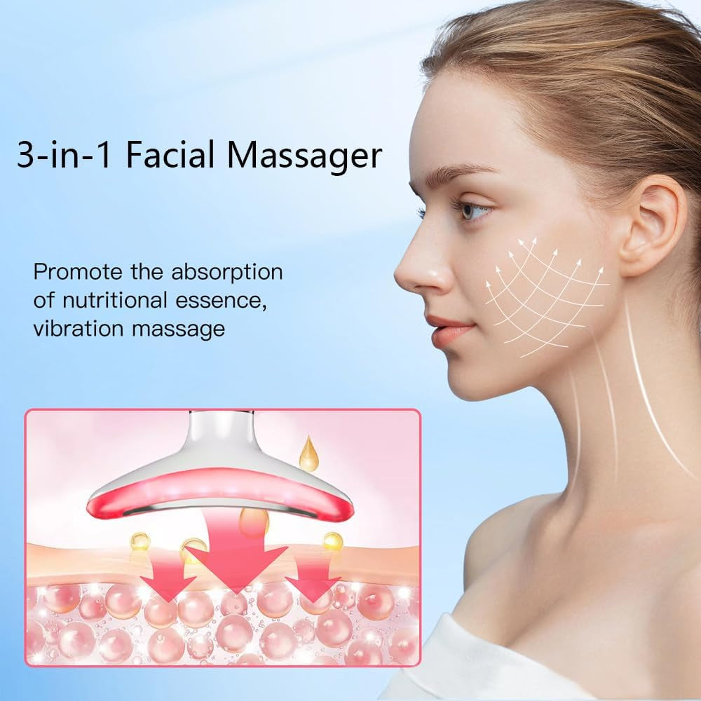 3-in-1 Portable Facial Massager - Vibration & Heat Neck and Face Beauty Device for Skin Lifting and Care (White)