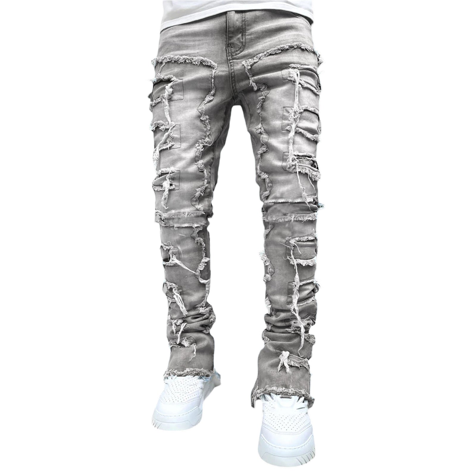 Trendy Men Trousers Individual Patched Pants Long Tight Fit Stacked Jeans for Mens