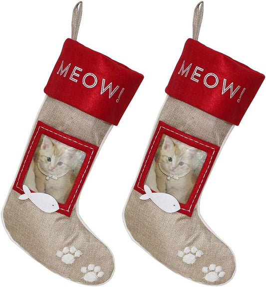 Christmas Stockings for Cats, Set of 2 Burlap Stockings with Sewn-On Picture Frames, Use Your Own Photo (Meow/Cat)