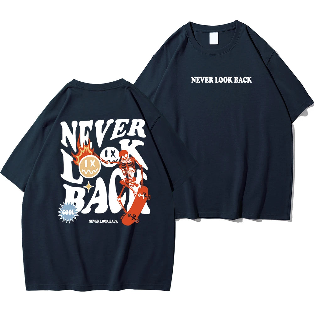 Never Look Back Creative Smile Skull Printing Cartoons Street Print Tshirt Cotton Crewneck Tops T-Shirt