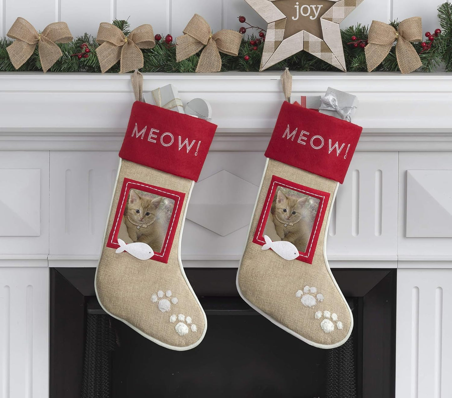 Christmas Stockings for Cats, Set of 2 Burlap Stockings with Sewn-On Picture Frames, Use Your Own Photo (Meow/Cat)