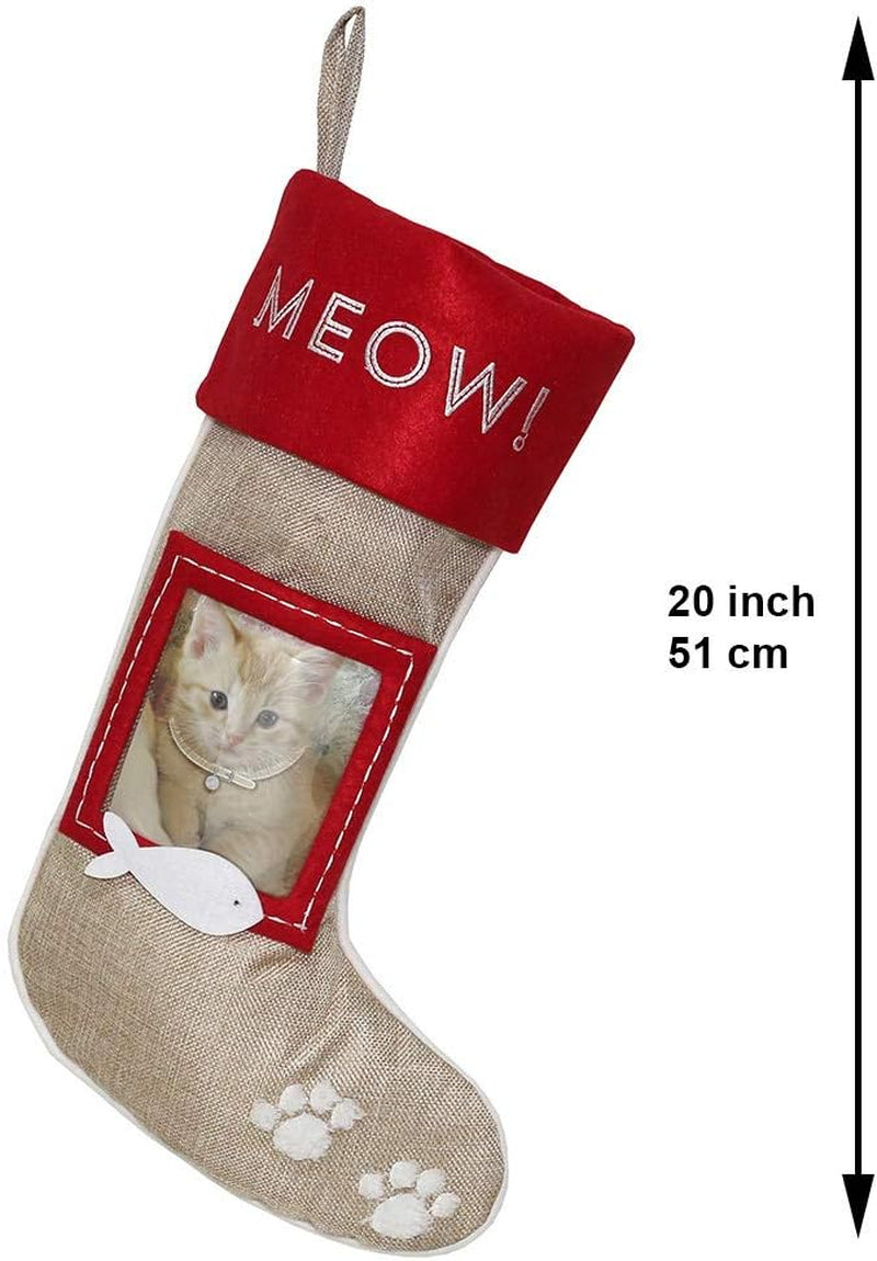 Christmas Stockings for Cats, Set of 2 Burlap Stockings with Sewn-On Picture Frames, Use Your Own Photo (Meow/Cat)