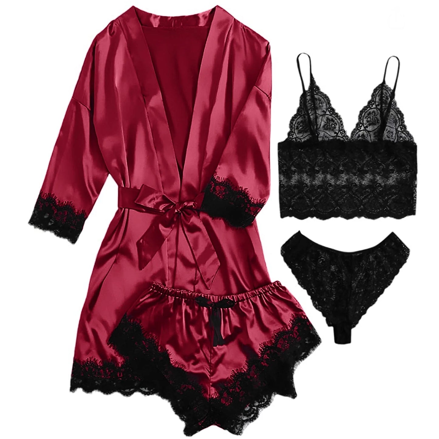 Sexy Lingerie,  Silk Satin Pajamas for Women, Women's Pjs Sets of 4 Pcs with Floral Lace Top Shorts and Robe