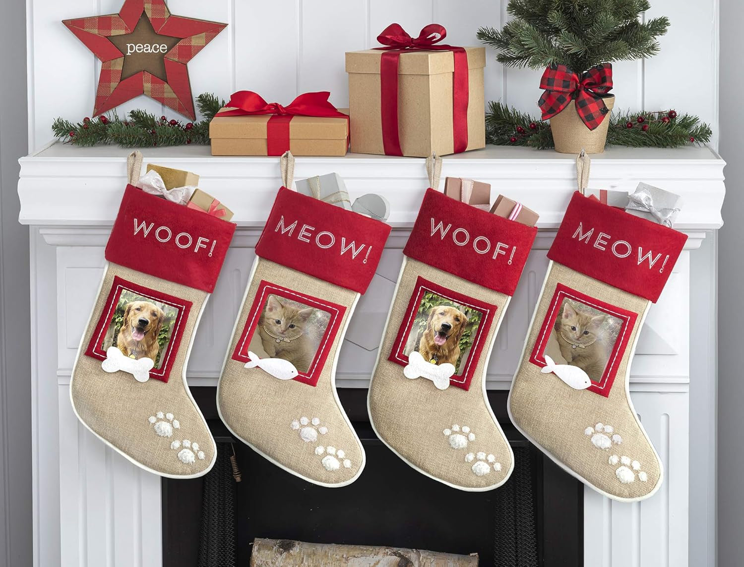 Christmas Stockings for Cats, Set of 2 Burlap Stockings with Sewn-On Picture Frames, Use Your Own Photo (Meow/Cat)