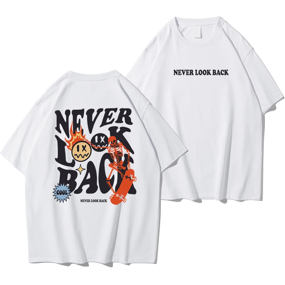 Never Look Back Creative Smile Skull Printing Cartoons Street Print Tshirt Cotton Crewneck Tops T-Shirt